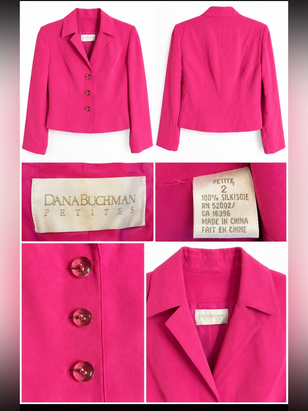 Vintage Dana Buchman Petites 2 Hot Pink 100% Silk Cropped Blazer Jacket Y2K